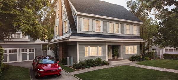 Tesla House, with solar panels, Powerwall and electric car