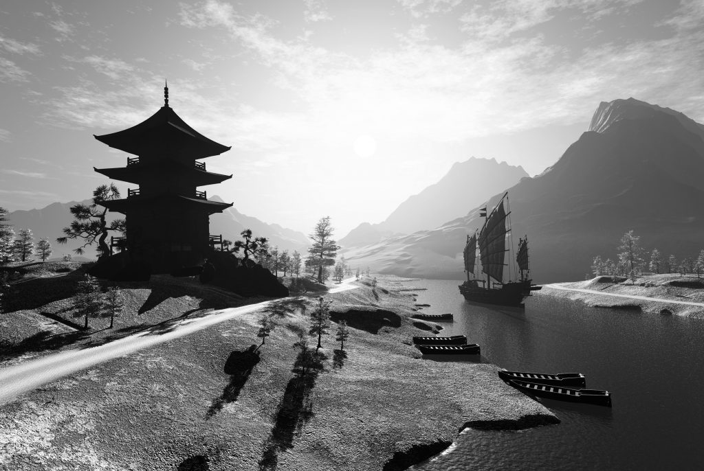 A Chinese building in the mountains, with a traditional ship afloat on a lake.