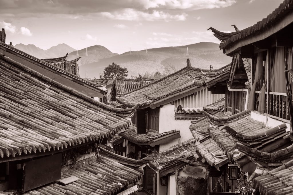 Scenic view of traditional Chinese tile roofs of houses in the Old Town of Lijiang, Yunnan province