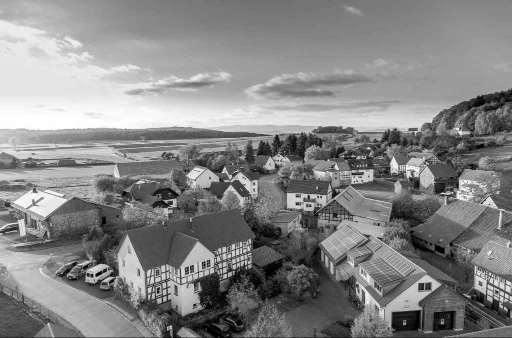 Village with fields in the distance