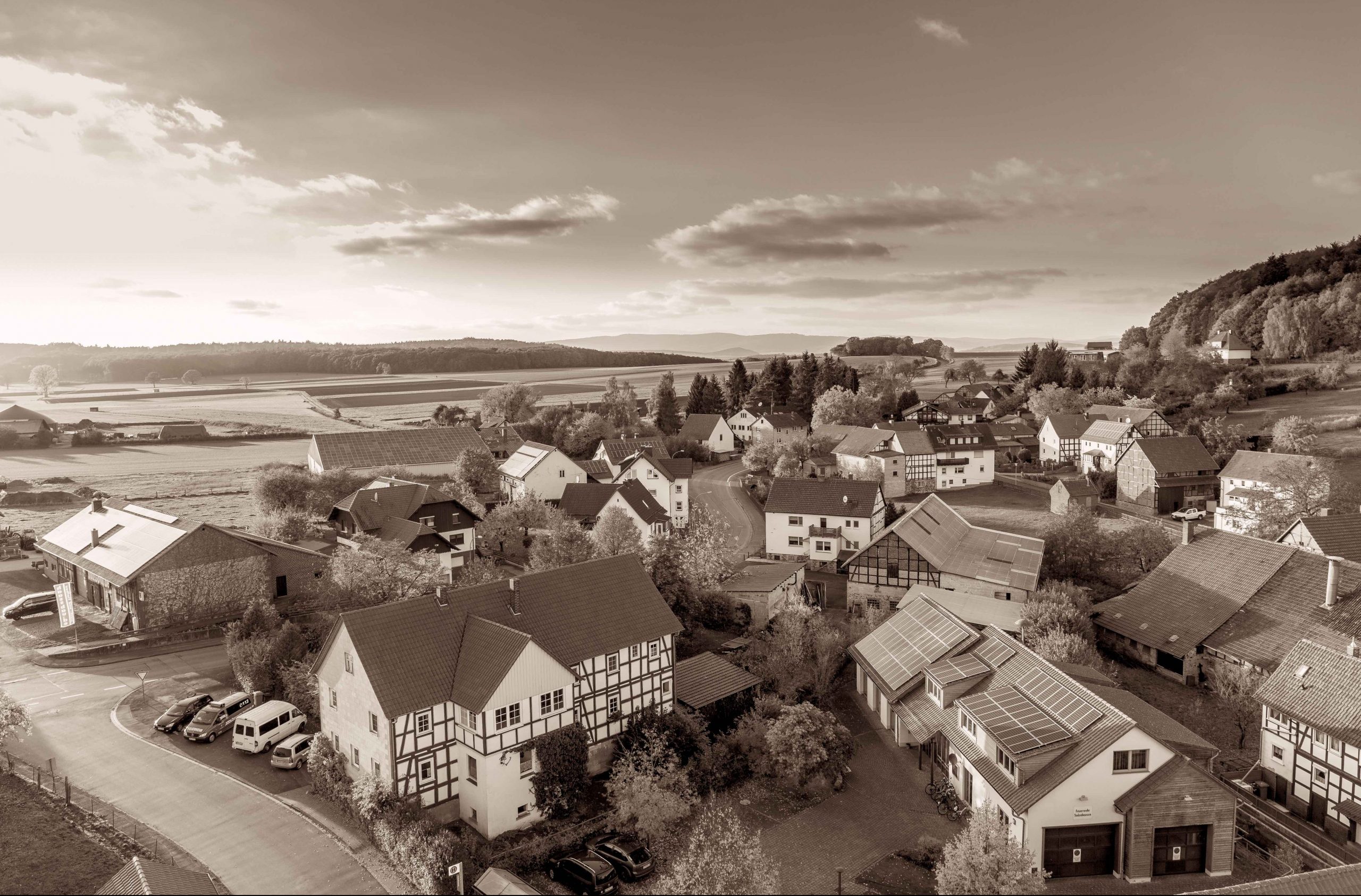 Village with fields in the distance