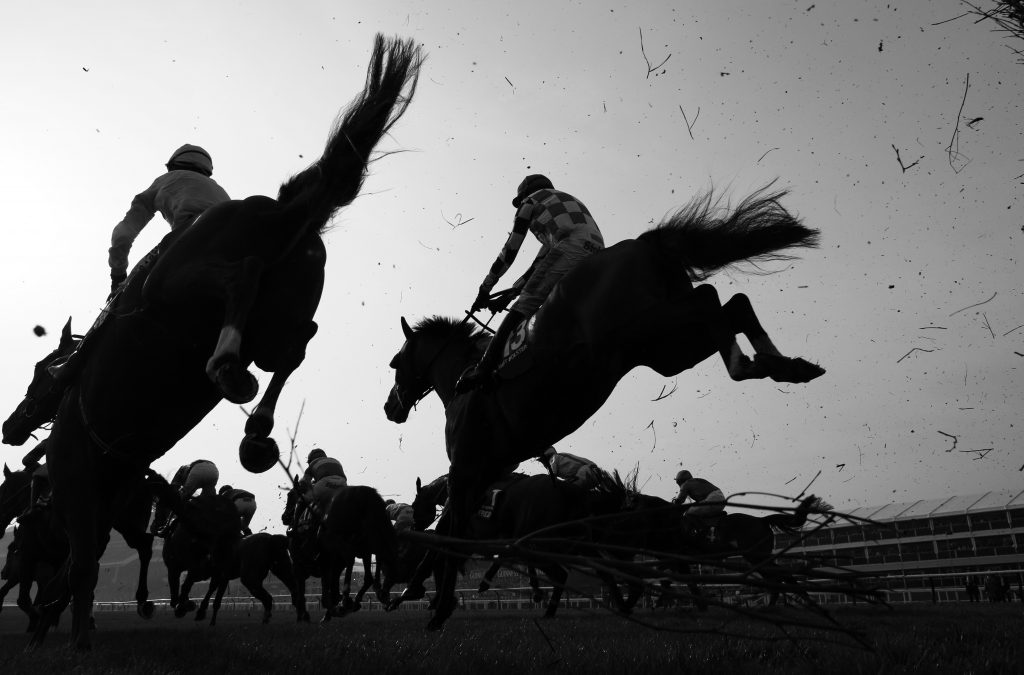 Horses jumping over fence