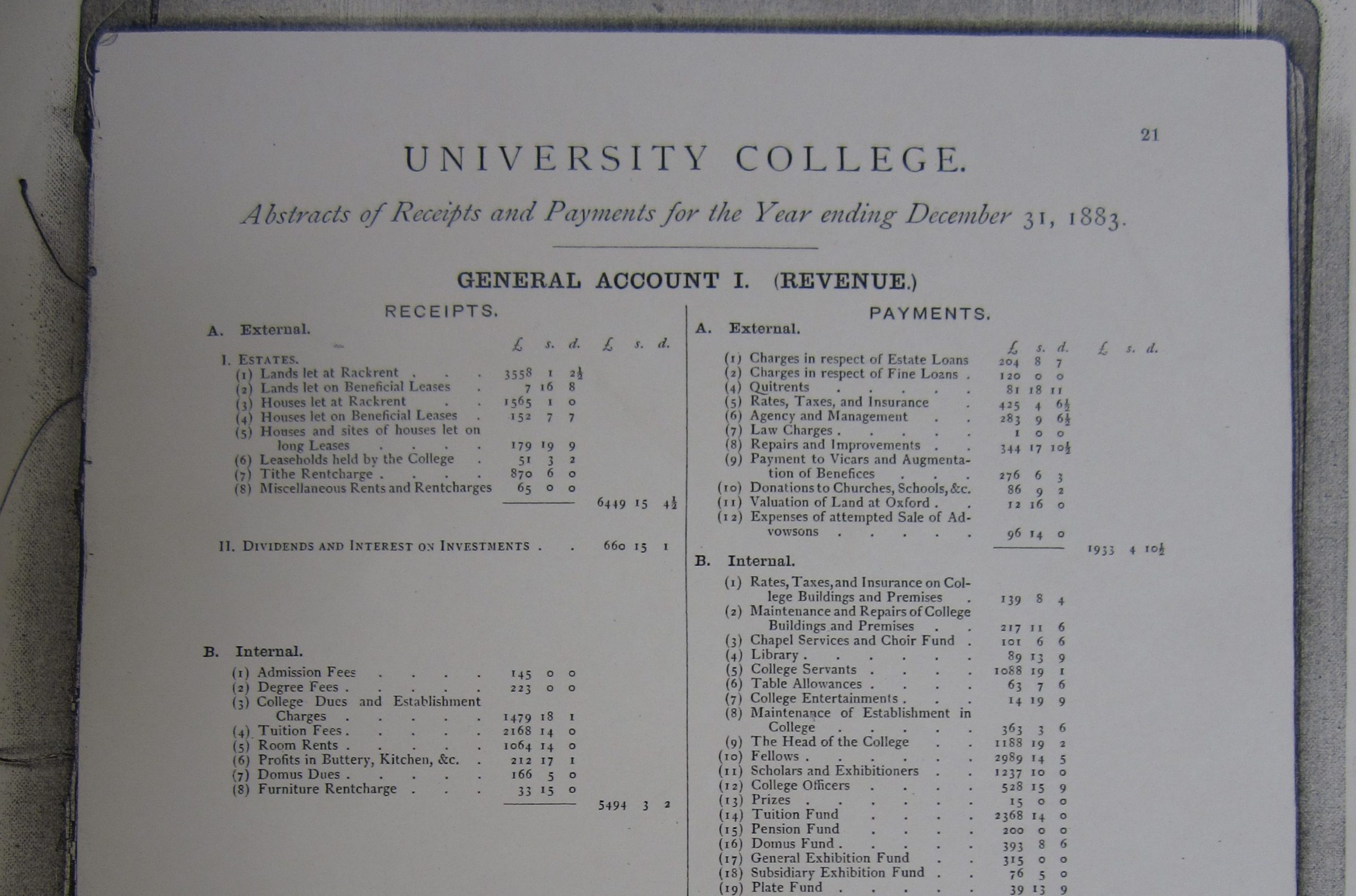 The first page of the first set of printed accounts for University College, Oxford, from 1883