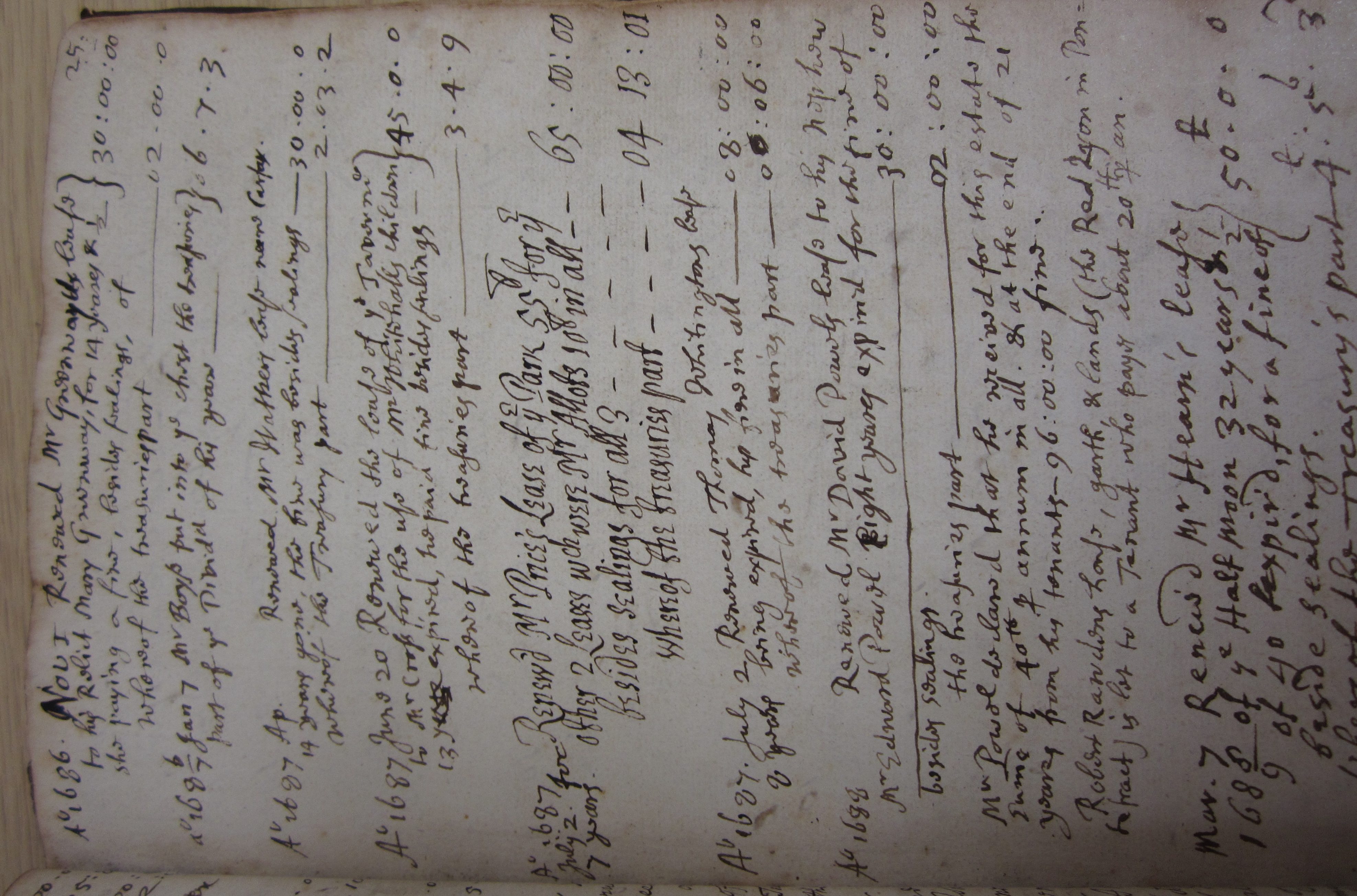 Extract for the 1680s from a register recording the payments of entry fines to University College, Oxford