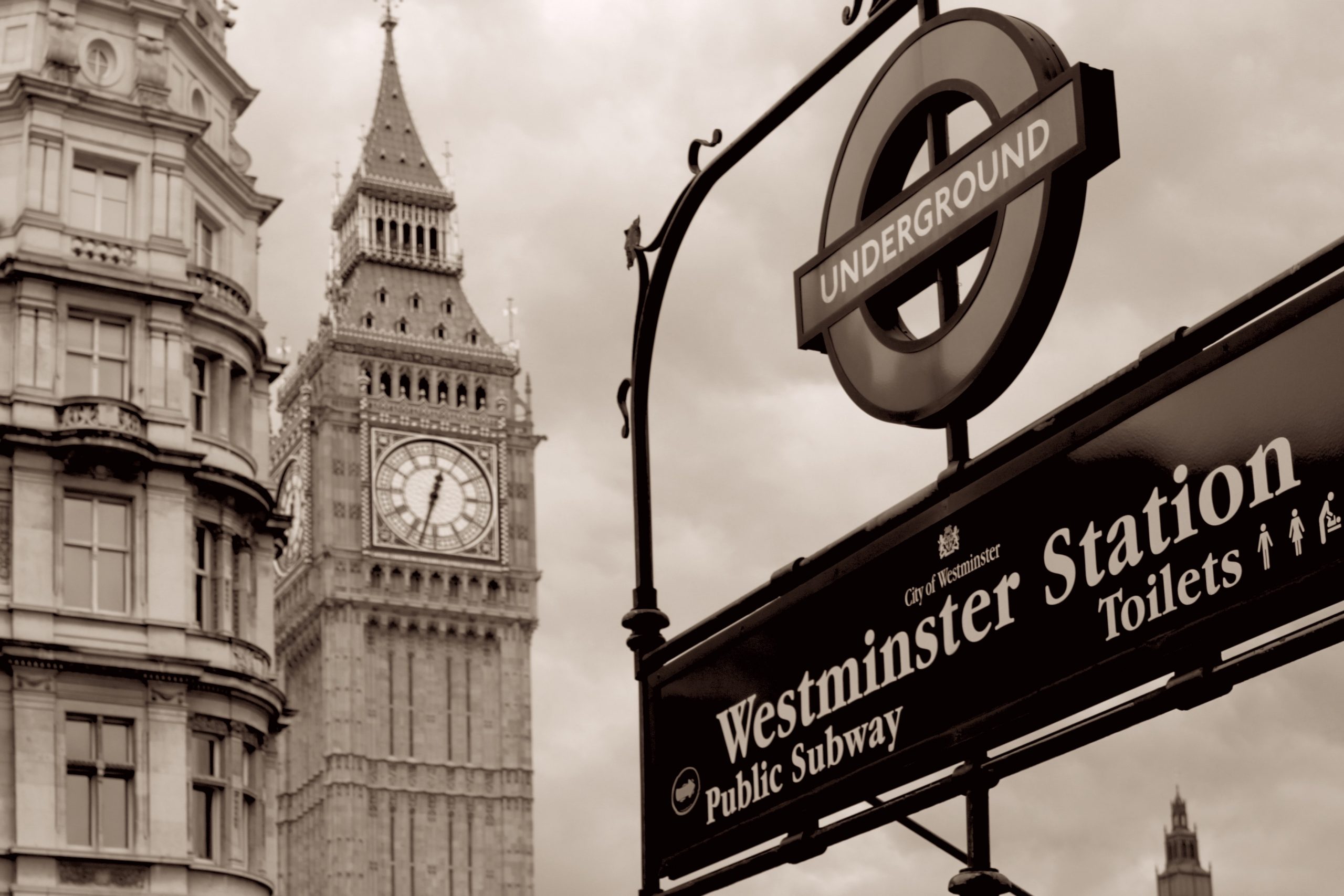 Westminster tube station with Big Ben in the background